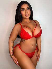 Set de lencería con encaje floral arnés - Rojo - Ver 1