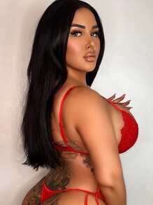 Set de lencería con encaje floral arnés - Rojo - Ver 2