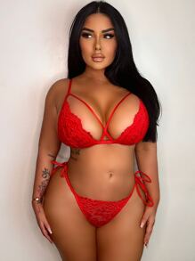 Set de lencería con encaje floral arnés - Rojo - Ver 3