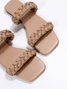 新款时尚女士编织凉鞋，夏季百搭平底沙滩拖鞋，韩版风格 - 杏色 - 查看 6