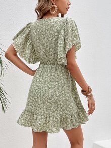 SHEIN Frenchy Ditsy Floral Print Butterfly Sleeve Ruffle Hem Dress Without Belt - Mint Green - View 2