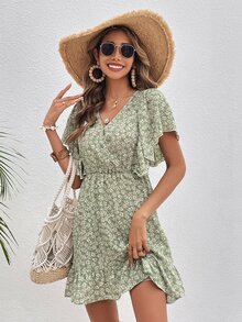 SHEIN Frenchy Ditsy Floral Print Butterfly Sleeve Ruffle Hem Dress Without Belt - Mint Green - View 4