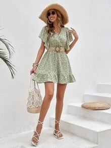 SHEIN Frenchy Ditsy Floral Print Butterfly Sleeve Ruffle Hem Dress Without Belt - Mint Green - View 7