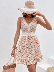 SHEIN Frenchy Floral Print Guipure Lace Insert Ruffle Hem Dress Summer Vacation Flower Beach - Beige - View 5
