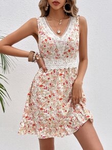 SHEIN Frenchy Floral Print Guipure Lace Insert Ruffle Hem Dress Summer Vacation Flower Beach - Beige - View 6