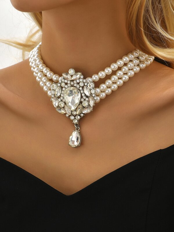 Rhinestone Decor Faux Pearl Beaded Necklace SHEIN USA