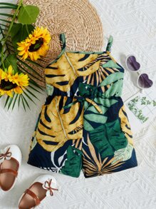 SHEIN Đứa bé gái Bản in nhiệt đới Nơ mặt trước Cami Romper - Màu xanh hải quân - Xem 1