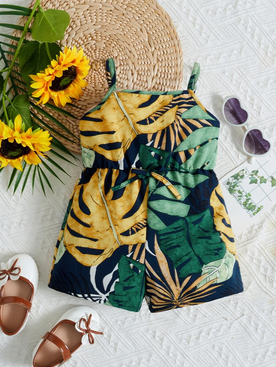 SHEIN Đứa bé gái Bản in nhiệt đới Nơ mặt trước Cami Romper - Màu xanh hải quân - Xem 1