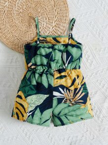 SHEIN Đứa bé gái Bản in nhiệt đới Nơ mặt trước Cami Romper - Màu xanh hải quân - Xem 2