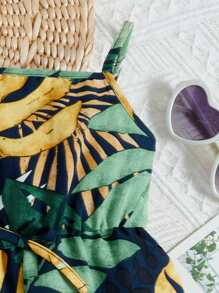 SHEIN Đứa bé gái Bản in nhiệt đới Nơ mặt trước Cami Romper - Màu xanh hải quân - Xem 4