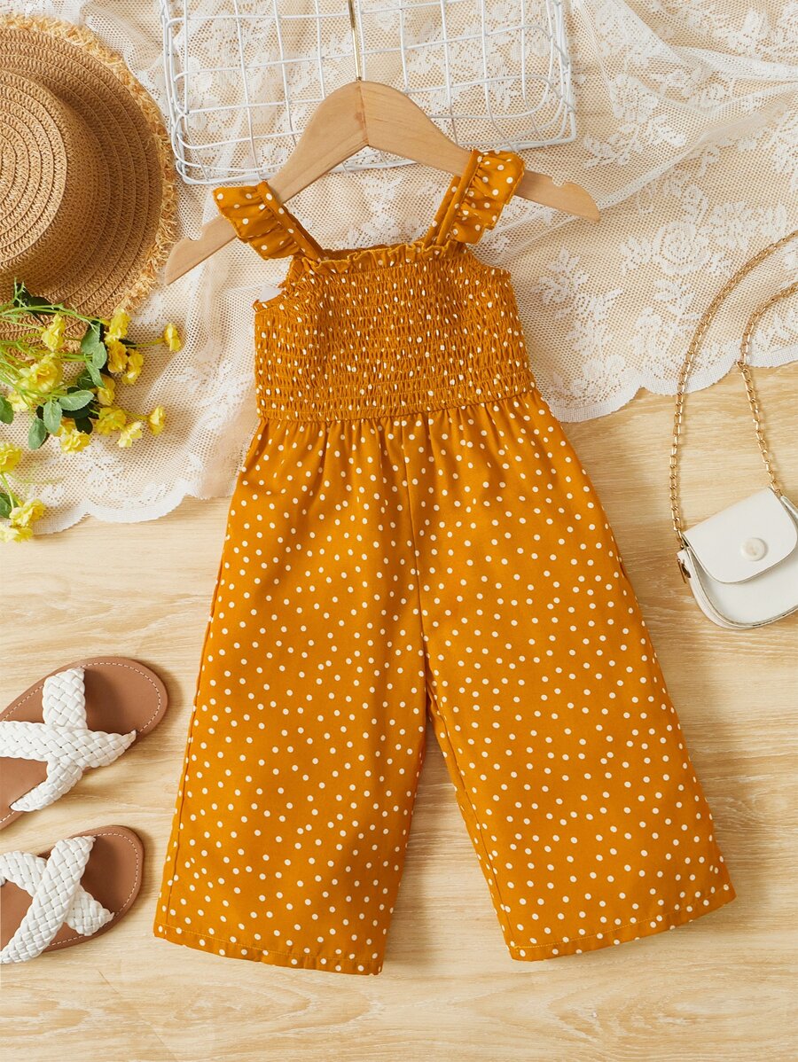 SHEIN Baby Polka Dot Print Ruffle Trim Cami Jumpsuit - Mustard Yellow - View 1