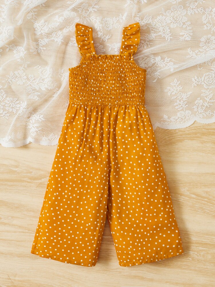 SHEIN Baby Polka Dot Print Ruffle Trim Cami Jumpsuit - Mustard Yellow - View 2
