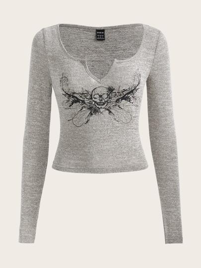 Kpop Skull Print Notched Neck Crop Tee