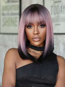紫色粉色渐变黑色短直发合成假发带刘海波波头假发适合女士日常角色扮演派对耐热假发 - 彩色 - 查看 4