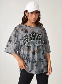 SHEIN Coolane Tie Dye Letter Graphic Drop Shoulder Mesh Top - Multicolor - View 5