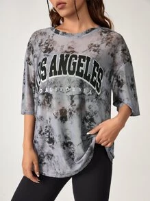 SHEIN Coolane Tie Dye Letter Graphic Drop Shoulder Mesh Top - Multicolor - View 6