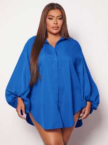 SHEIN SXY Plus Lantern Sleeve Curved Hem Shirt - Royal Blue - View 1