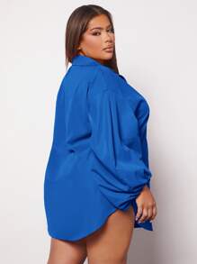 SHEIN SXY Plus Lantern Sleeve Curved Hem Shirt - Royal Blue - View 3