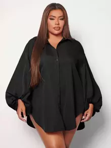 SHEIN SXY Plus Lantern Sleeve Curved Hem Shirt - Black - View 1