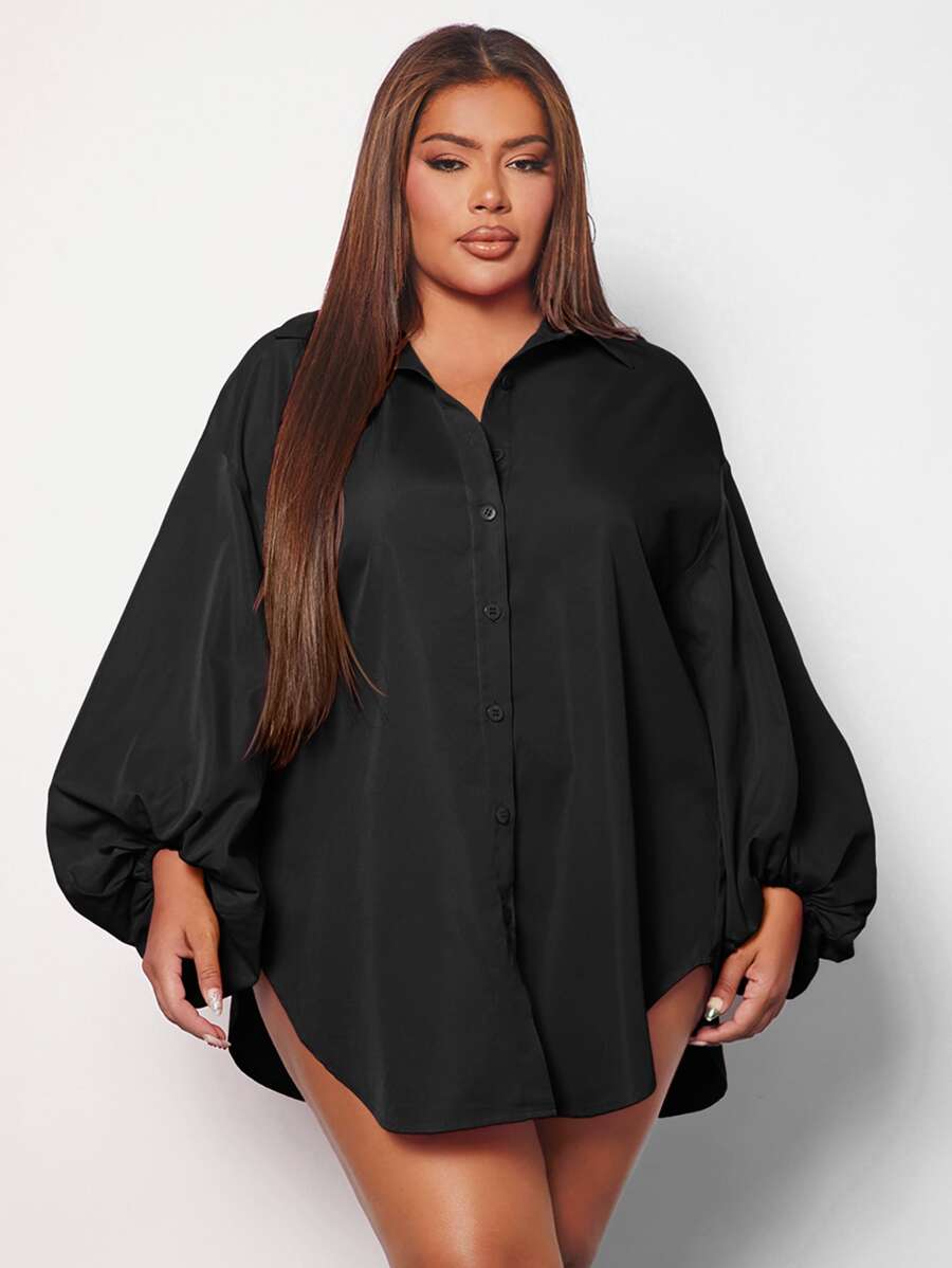 SHEIN SXY Plus Lantern Sleeve Curved Hem Shirt - Black - View 1