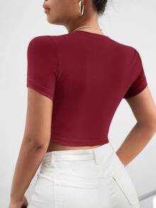 SHEIN SXY Ladder Cut Out Front Crop Tee - Burgundy - View 2