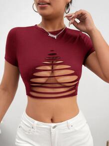 SHEIN SXY Ladder Cut Out Front Crop Tee - Burgundy - View 4