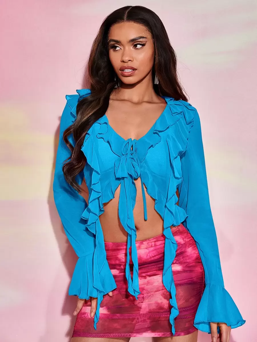 SHEIN BAE 荷葉邊前繫帶荷葉袖短款上衣 - 藍色 - 查看 1