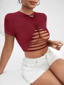 SHEIN SXY Ladder Cut Out Front Crop Tee - Burgundy - View 5