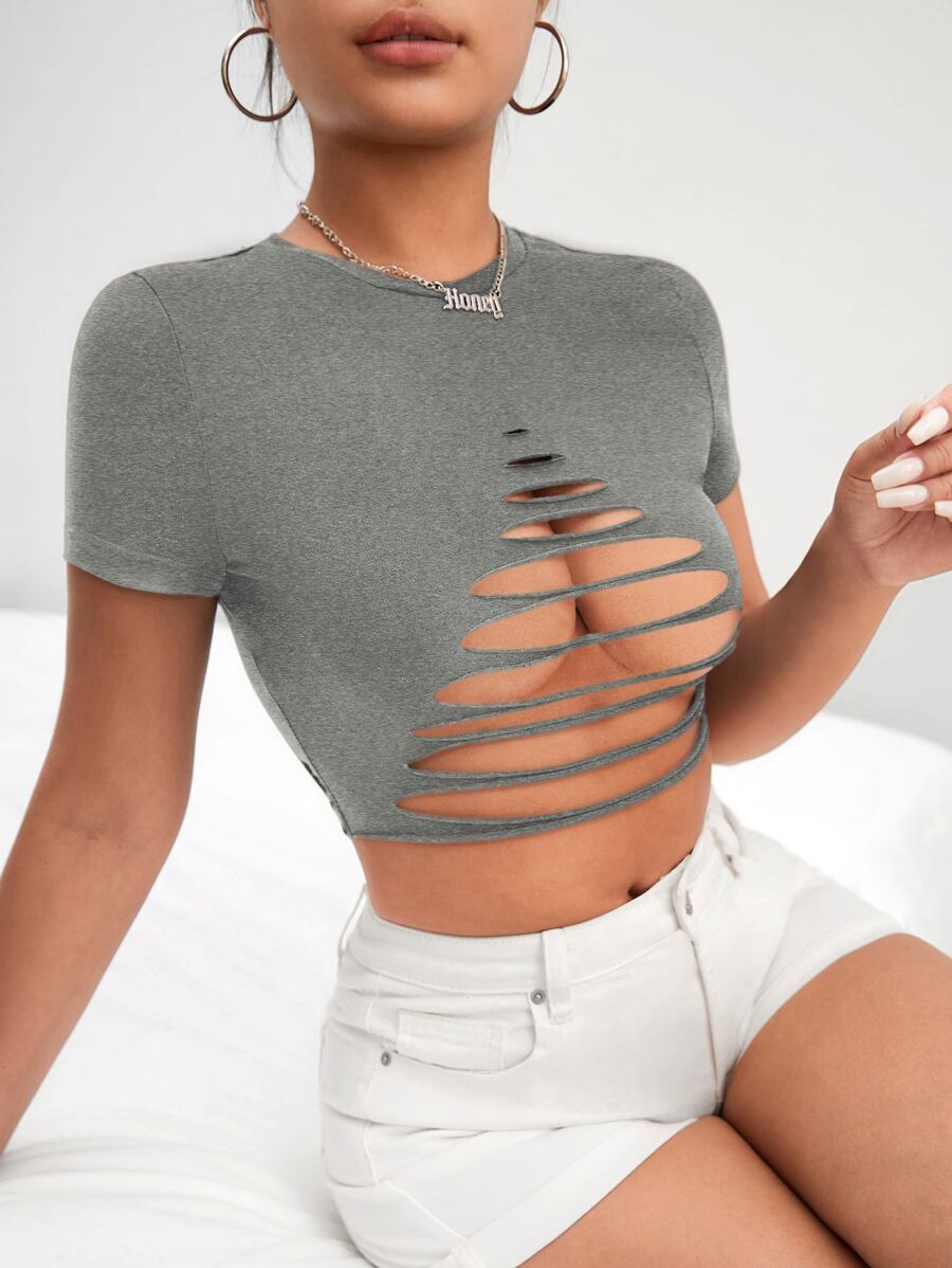 SHEIN SXY Ladder Cut Out Crop Tee - Grey - View 1