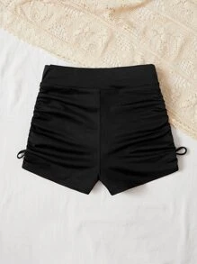 SHEIN Shorts de punto color sólido para niña preadolescente con banda cruzada en la cintura lateral y detalles fruncidos con lazo, ideal para ciclismo