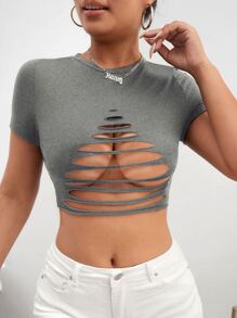 SHEIN SXY Ladder Cut Out Crop Tee - Grey - View 4