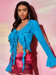 SHEIN BAE 荷葉邊前繫帶荷葉袖短款上衣 - 藍色 - 查看 5