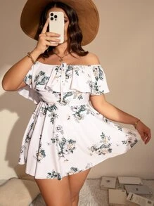 SHEIN Swim Curve Conjunto de tankini con estampado floral y hombros descubiertos Vestido de baño con lazo en la parte delantera y traje de baño de 2 piezas con bottom de talle alto - Multicolor - Ver 1