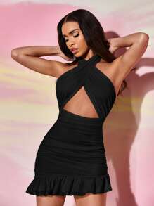 SHEIN BAE Crisscross Backless Ruched Ruffle Hem Halter Dress - Black - View 1