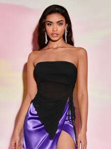 SHEIN BAE Drawstring Side Asymmetrical Hem Mesh Tube Top - Black - View 1