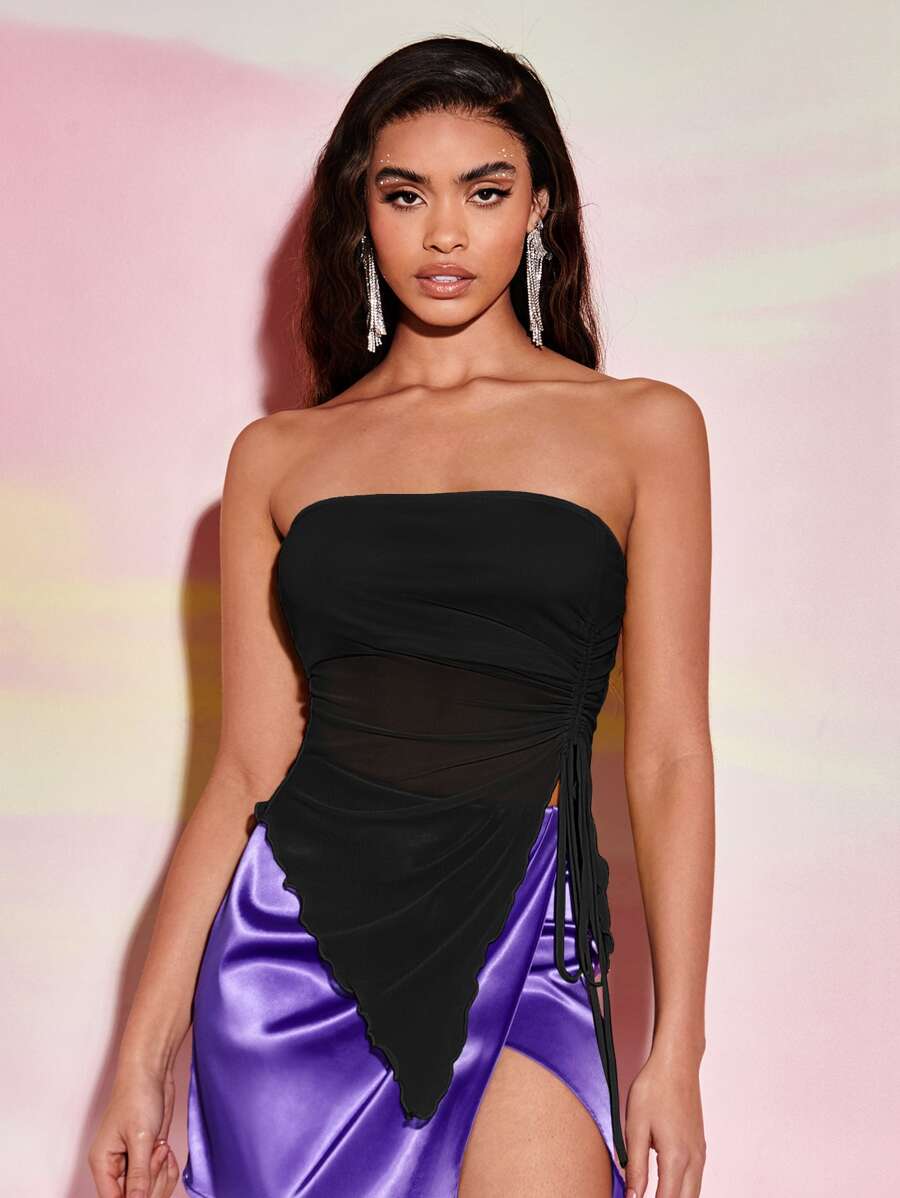 SHEIN BAE Drawstring Side Asymmetrical Hem Mesh Tube Top - Black - View 1