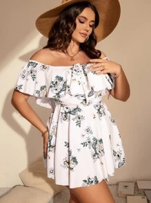 SHEIN Swim Curve Conjunto de tankini con estampado floral y hombros descubiertos Vestido de baño con lazo en la parte delantera y traje de baño de 2 piezas con bottom de talle alto - Multicolor - Ver 3
