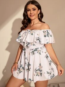 SHEIN Swim Curve Conjunto de tankini con estampado floral y hombros descubiertos Vestido de baño con lazo en la parte delantera y traje de baño de 2 piezas con bottom de talle alto - Multicolor - Ver 4