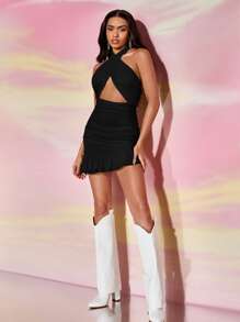 SHEIN BAE Crisscross Backless Ruched Ruffle Hem Halter Dress - Black - View 5