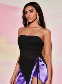 SHEIN BAE Drawstring Side Asymmetrical Hem Mesh Tube Top - Black - View 6