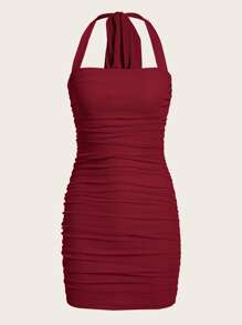 SHEIN ICON 素色褶邊繞頸露背緊身連衣裙 - 紫紅色 - 查看 1