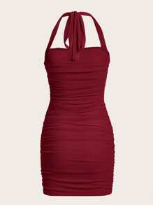 SHEIN ICON 素色褶邊繞頸露背緊身連衣裙 - 紫紅色 - 查看 2
