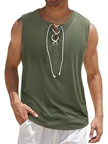 Manfinity Hombres Top tank unicolor con cordón delantero - Verde militar - Ver 1