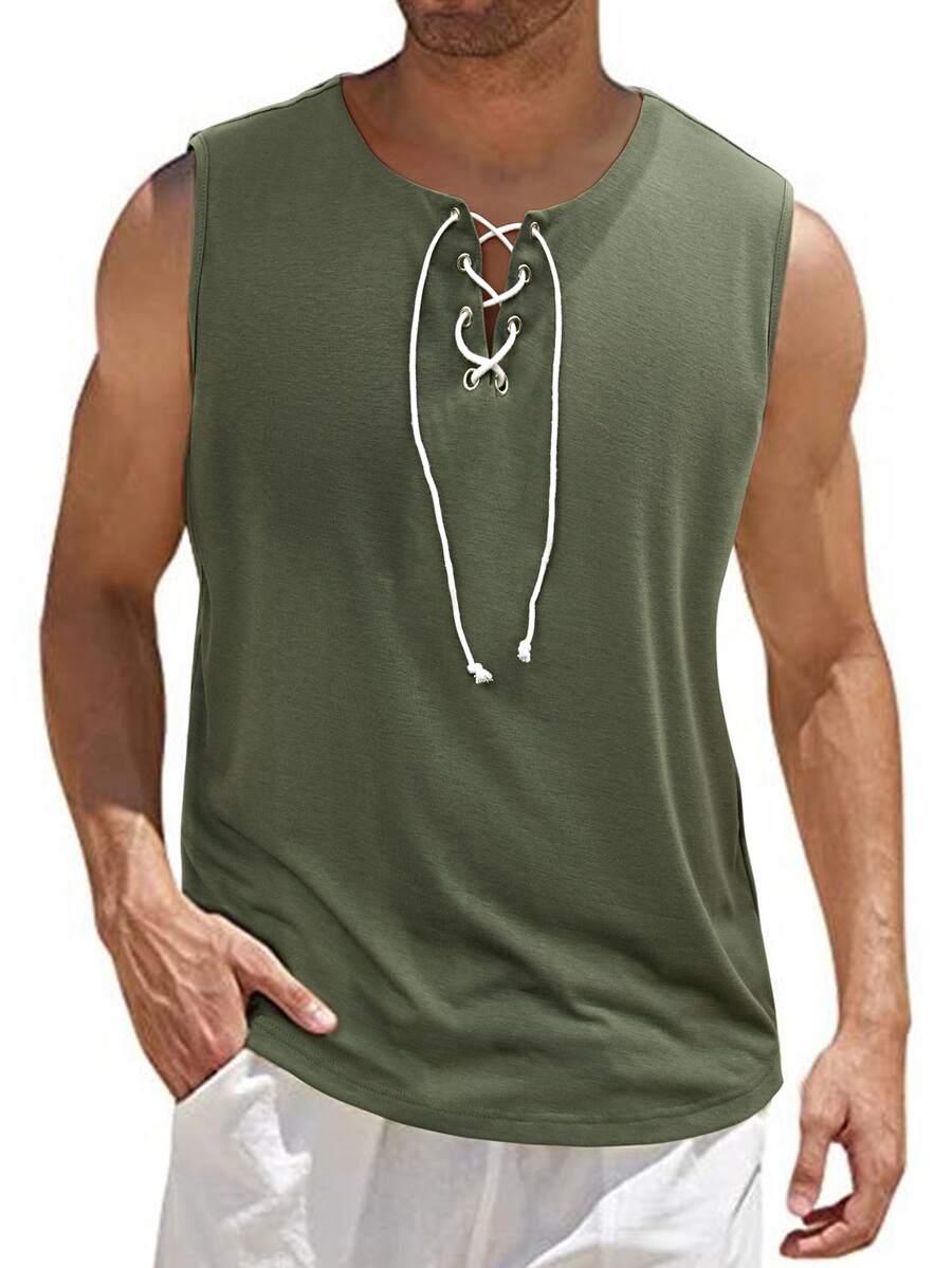 Manfinity Hombres Top tank unicolor con cordón delantero - Verde militar - Ver 1