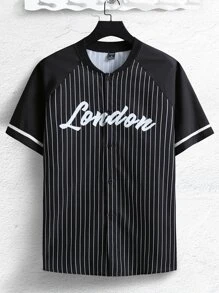 Manfinity Men Striped & Letter Graphic Raglan Sleeve Baseball Collar Shirt - Black - View 1