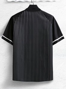 Manfinity Men Striped & Letter Graphic Raglan Sleeve Baseball Collar Shirt - Black - View 3