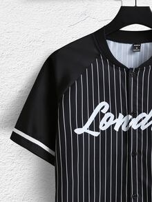 Manfinity Men Striped & Letter Graphic Raglan Sleeve Baseball Collar Shirt - Black - View 5