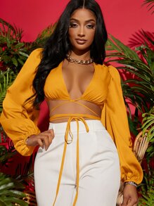 SHEIN SXY Áo nữ Hội Chữ thập Thắt nơ trước màu trơn Gợi cảm - Màu Mù tạt vàng - Xem 1