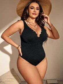 SHEIN Swim Curve Summer Beach Plus Scallop Trim One Piece Swimsuit - Black - View 4