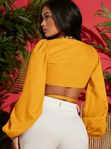 SHEIN SXY Áo nữ Hội Chữ thập Thắt nơ trước màu trơn Gợi cảm - Màu Mù tạt vàng - Xem 2